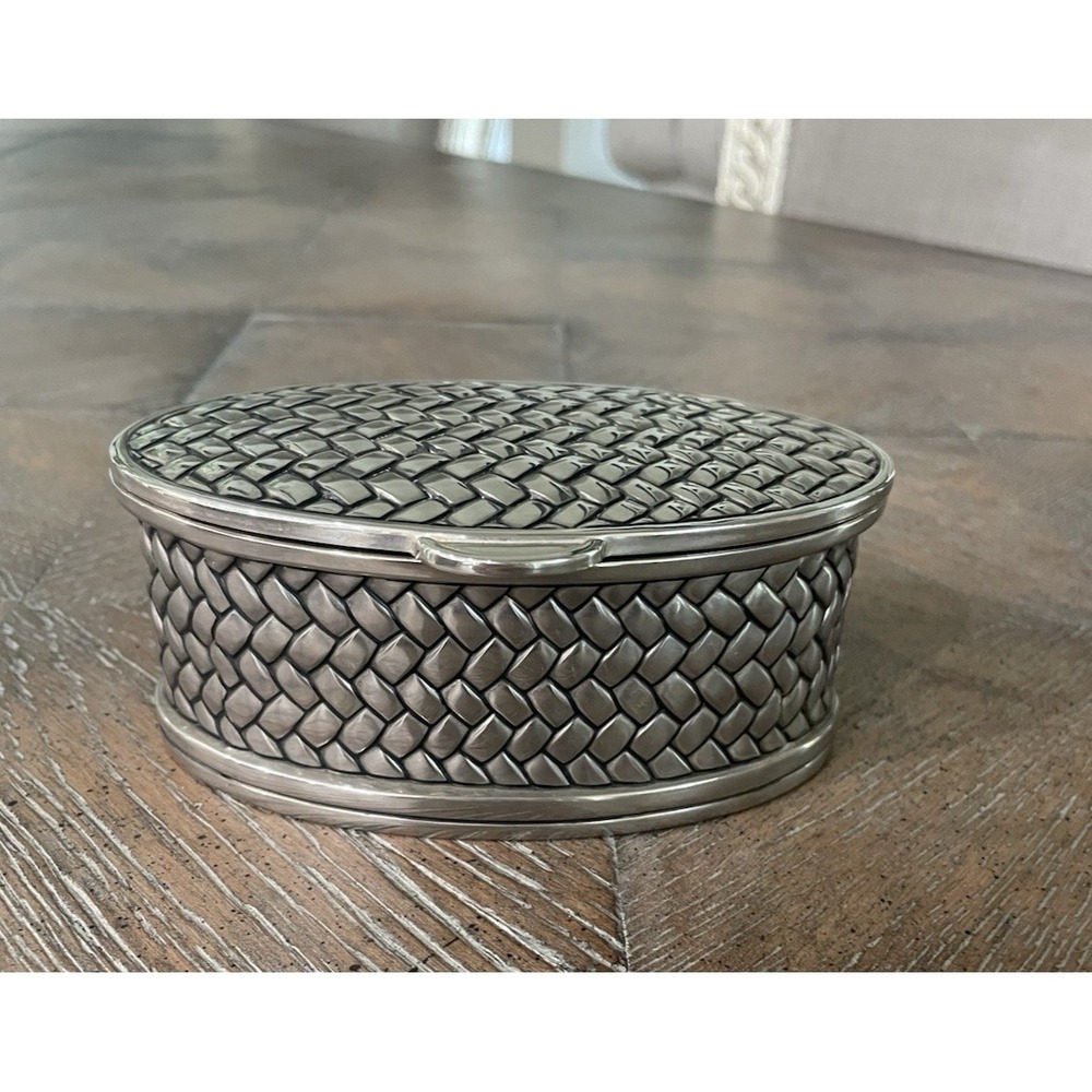 Vtg Godinger Silver Metal Basket Weave Hinge Lidded Trinket‎ Box Velvet Lining